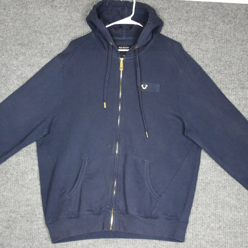 True Religion Full Zip Up Hoodie Mens XL Blue Gold‎ Logo Details